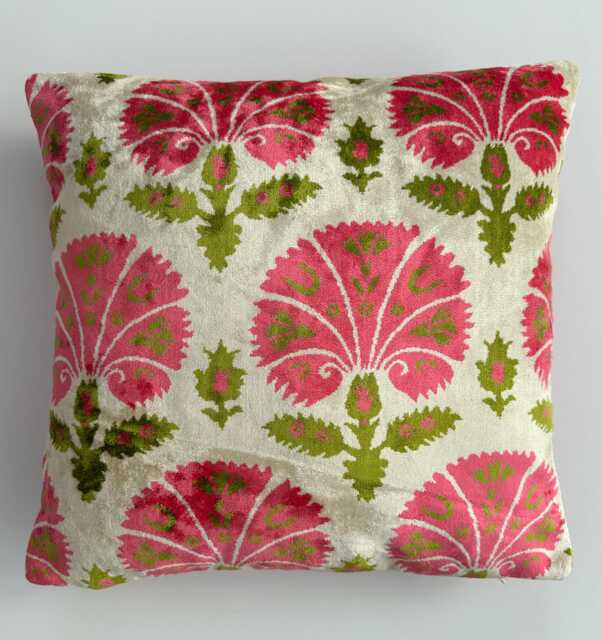 Silk Velvet Cushion Cover, Pink Carnations Pillow, Turkish Italian Jacquard Cushion, Ikat Decorative Pillow 16''x16''/40x40 cm - image 1