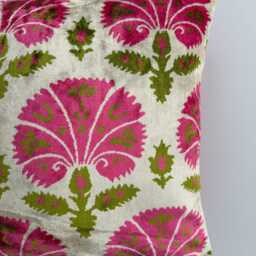 Silk Velvet Cushion Cover, Pink Carnations Pillow, Turkish Italian Jacquard Cushion, Ikat Decorative Pillow 16''x16''/40x40 cm - thumbnail 2