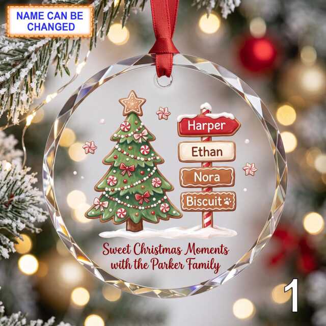 Personalized Christmas Glass Ornament, Custom Gingerbread Holiday Keepsake With Decorated Tree, Name Signs, Snowflakes & Sweet Winter Decor - image 1