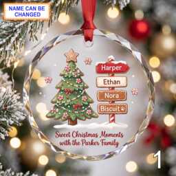 Personalized Christmas Glass Ornament, Custom Gingerbread Holiday Keepsake With Decorated Tree, Name Signs, Snowflakes & Sweet Winter Decor