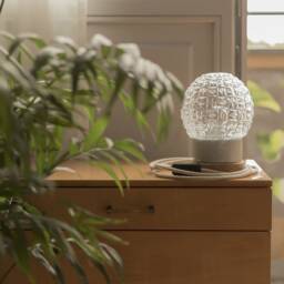 Ball Table Lamp With Cork, Porcelain & Transparent Hand Blown Glass Shade, Small Bedside Lamp, Globe - thumbnail 2