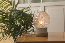 Ball Table Lamp With Cork, Porcelain & Transparent Hand Blown Glass Shade, Small Bedside Lamp, Globe
