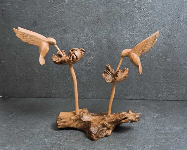 Handmade Wooden Hummingbird Sculpture Jempinis Wood Couple Statue, 12 - image 1