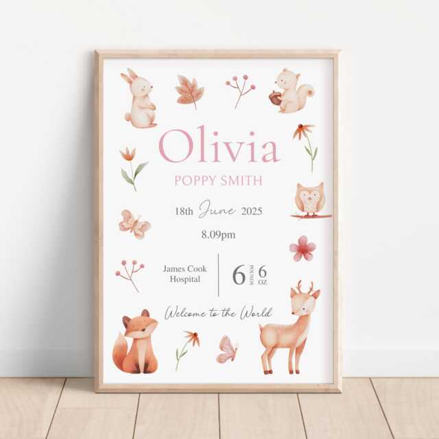 Woodland Birth Details Print Personalised Nursery Wall Art - Print Or PDF Available - image 1