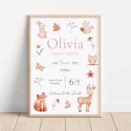 Woodland Birth Details Print Personalised Nursery Wall Art - Print Or PDF Available - thumbnail 1