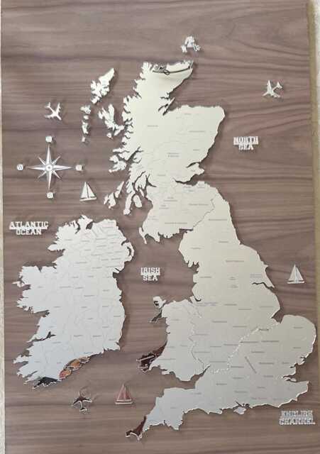 Silver Mirror United Kingdom & Ireland Map Laser Cut Wall Art - image 1
