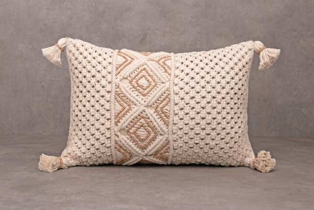 Off-White Cotton Macrame Pillow Cover, Bohemian Tassels, Wooden Beads, Handmade Throw Accent - image 1