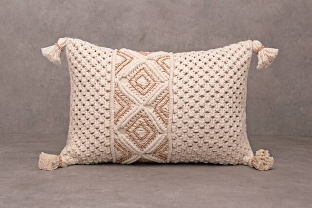 Off-White Cotton Macrame Bohemian, Bali Style Pillow Cover, Decorative Handmade Throw Cover, Embroidered Cover Wlcc048 - image 1