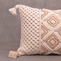 Off-White Cotton Macrame Bohemian, Bali Style Pillow Cover, Decorative Handmade Throw Cover, Embroidered Cover Wlcc048 - thumbnail 2