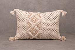 Off-White Cotton Macrame Pillow Cover, Bohemian Tassels, Wooden Beads, Handmade Throw Accent