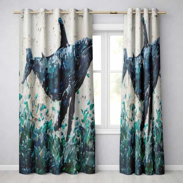 Blue Whale & Plastic Pollution Ocean Street Art Distinctive Artistic Home Decor Readymade Eyelet Ring Top Thermal 100% Blackout Curtains - image 1