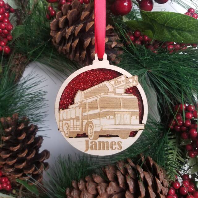 Fire Engine Christmas Tree Decoration, Personalised Fireman Xmas Name Hanger, Add & Year, Boys Stocking Filler - image 1