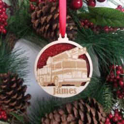 Fire Engine Christmas Tree Decoration, Personalised Fireman Xmas Name Hanger, Add & Year, Boys Stocking Filler - thumbnail 1