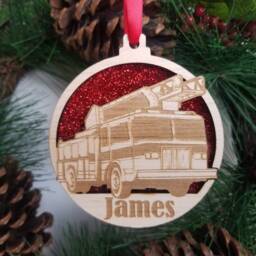 Fire Engine Christmas Tree Decoration, Personalised Fireman Xmas Name Hanger, Add & Year, Boys Stocking Filler - thumbnail 4