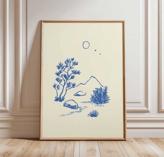 Minimalist Desert Landscape Print, Blue Line Art Poster, Modern Abstract Nature Drawing, Scandinavian Style Wall Decor