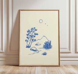 Minimalist Desert Landscape Print, Blue Line Art Poster, Modern Abstract Nature Drawing, Scandinavian Style Wall Decor - thumbnail 1