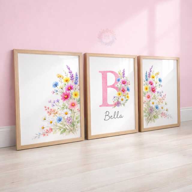 Girls Wildflower Nursery Prints - Personalised Botanical Set, Floral Girl Bedroom Wall Art - image 1