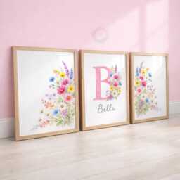 Girls Wildflower Nursery Prints - Personalised Botanical Set, Floral Girl Bedroom Wall Art - thumbnail 1