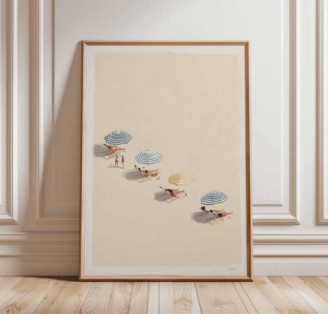 Minimalist Beach Poster Print, Coastal Umbrella Wall Art, Summer Seaside Illustration, Modern Ocean Decor, Relaxing Scene Artwork - image 1