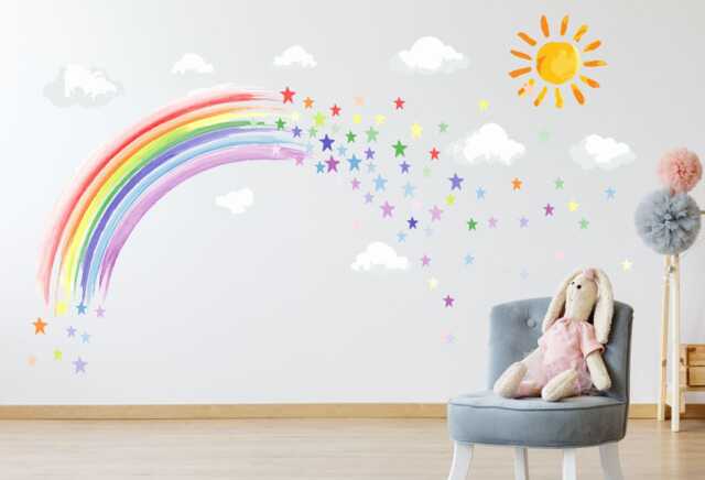 Pastel Watercolour Rainbow Stars & Sun Wall Stickers Nursery Decor Decal - image 1