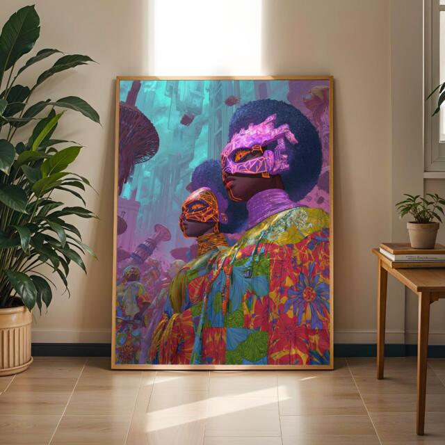 Afrofuturism Cityscape Art Print Neon Masked Figures - Digital Art - Poster Only - image 1