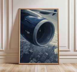 Airplane Engine View Poster, Aviation Wall Art, Aircraft Window Print, Jet Over City Artwork, Travel Decor Pilot Gift - thumbnail 1