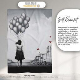 Girl Holding Silver Balloons in Ruined City, Bedroom Living Room Accent, Unique Artistic Design - Super Soft Fleece Blanket Bed Sofa Throw - thumbnail 3