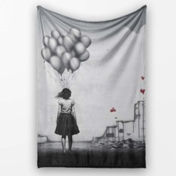 Girl Holding Silver Balloons in Ruined City, Bedroom Living Room Accent, Unique Artistic Design - Super Soft Fleece Blanket Bed Sofa Throw