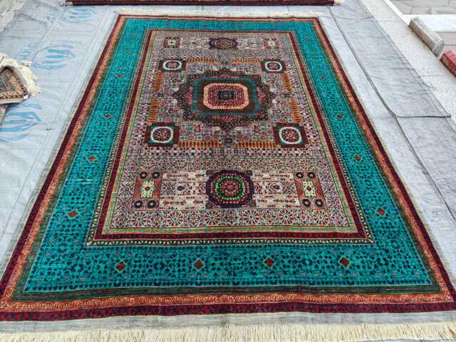 Handmade Afghan Wool Rug 9.7x6.8 Turquoise Geometric Area Rug - image 1