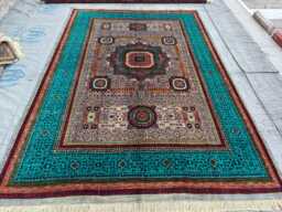 Handmade Afghan Wool Rug 9.7x6.8 Turquoise Geometric Area Rug - thumbnail 1