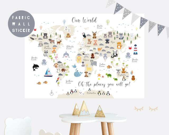 Animal World Map Fabric Wall Sticker Nursery Art - image 1