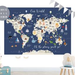 Animal World Map Fabric Wall Sticker Nursery Art - thumbnail 3