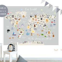 Animal World Map Fabric Wall Sticker Nursery Art - thumbnail 2