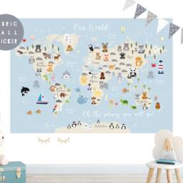 Animal World Map Fabric Wall Sticker Nursery Art - thumbnail 4
