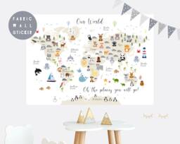 Animal World Map Fabric Wall Sticker Nursery Art - thumbnail 1