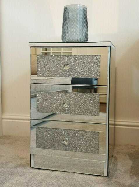 Silver Glitter Mirror Glass Bedside Table Cabinet 3 Drawer Chest Unit Crystal Handles White Bedroom Furniture - image 1