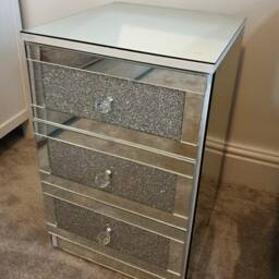 Silver Glitter Mirror Glass Bedside Table Cabinet 3 Drawer Chest Unit Crystal Handles White Bedroom Furniture - thumbnail 2
