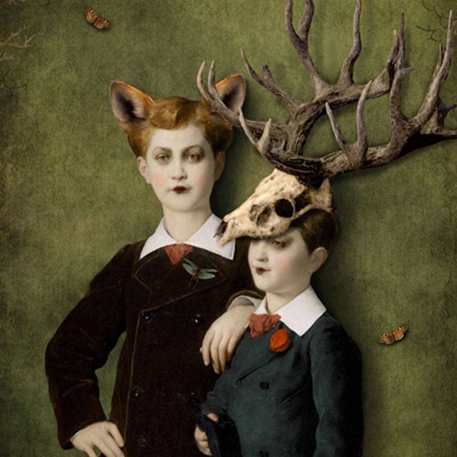 Forest Children Deer Fox Woodland Portrait Green Art Print Surreal Stag Skull Antlers - image 1