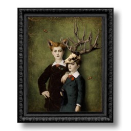 Forest Children Deer Fox Woodland Portrait Green Art Print Surreal Stag Skull Antlers - thumbnail 3