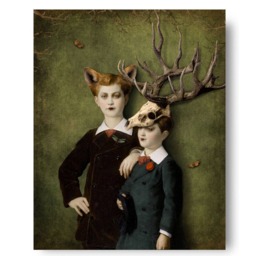 Forest Children Deer Fox Woodland Portrait Green Art Print Surreal Stag Skull Antlers - thumbnail 2