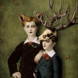 Forest Children Deer Fox Woodland Portrait Green Art Print Surreal Stag Skull Antlers - thumbnail 1