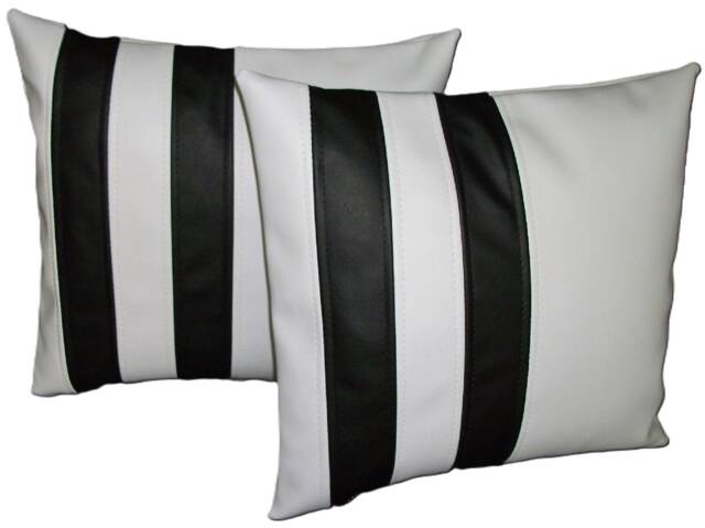 "2 White & Black Twin Stripe Faux Leather Cushions 16"" 18"" 20" - image 1