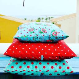 Red Cotton Pillow, Dotted Cushion, Blue Flowers Turquoise Dot Cushions, Child Pillow - thumbnail 3