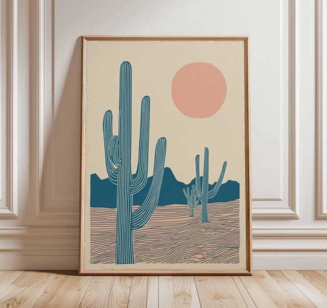 Desert Cactus Wall Art, Minimalist Boho Print With Sun & Sand, Southwest Landscape Poster in Blue Pink, Modern Home Decor Artwork - image 1