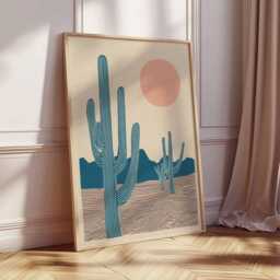 Desert Cactus Wall Art, Minimalist Boho Print With Sun & Sand, Southwest Landscape Poster in Blue Pink, Modern Home Decor Artwork - thumbnail 2