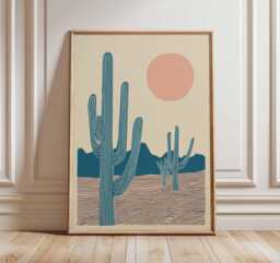 Desert Cactus Wall Art, Minimalist Boho Print With Sun & Sand, Southwest Landscape Poster in Blue Pink, Modern Home Decor Artwork - thumbnail 1