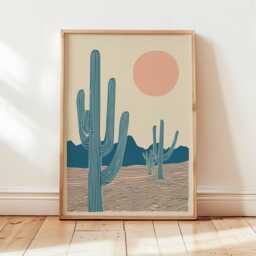 Desert Cactus Wall Art, Minimalist Boho Print With Sun & Sand, Southwest Landscape Poster in Blue Pink, Modern Home Decor Artwork - thumbnail 3