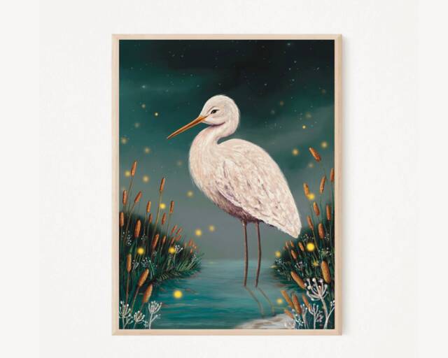 A5 A4 Original Art Print - Lonely Watcher Stork Art Night Lake Fantasy Poster Whimsical Woodlands Sage Green - image 1