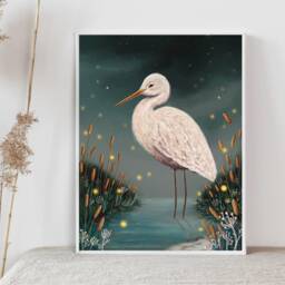 A5 A4 Original Art Print - Lonely Watcher Stork Art Night Lake Fantasy Poster Whimsical Woodlands Sage Green - thumbnail 3