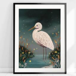 A5 A4 Original Art Print - Lonely Watcher Stork Art Night Lake Fantasy Poster Whimsical Woodlands Sage Green - thumbnail 2